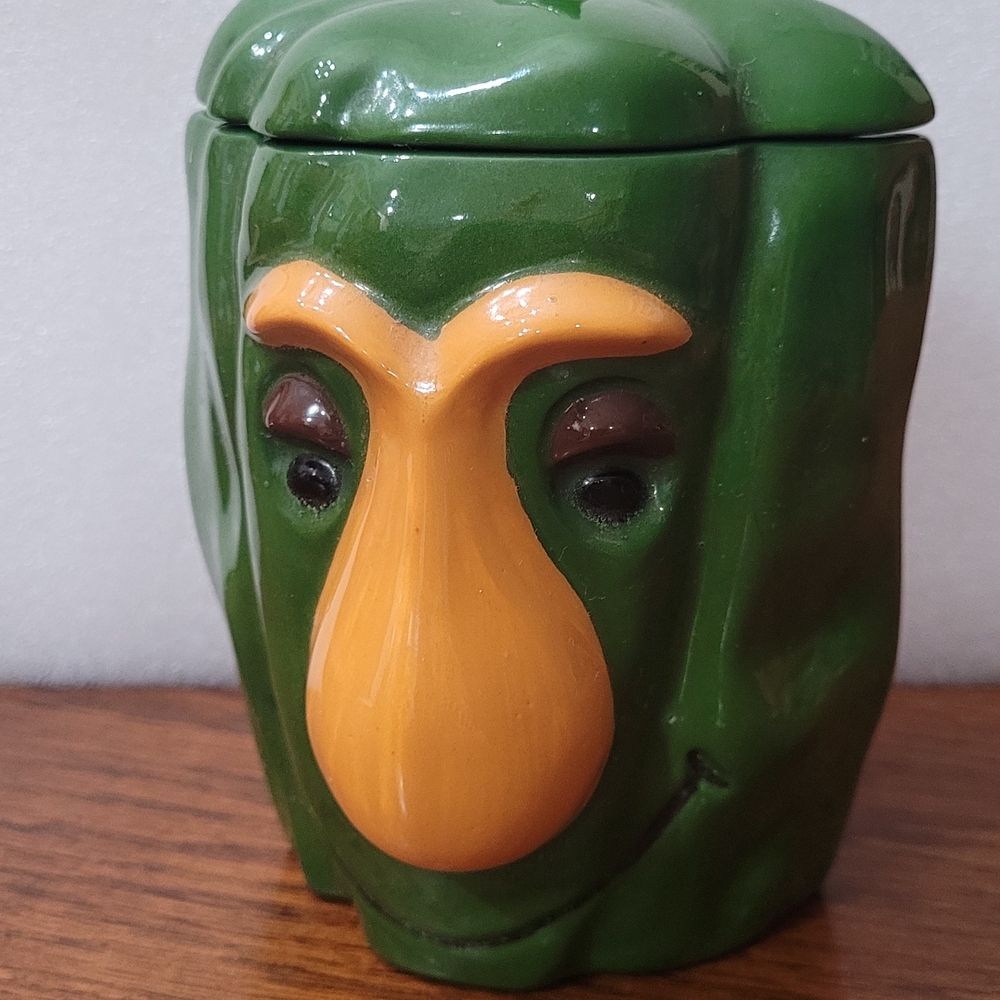 Whimsical Green and Orange Ceramic Face Jar